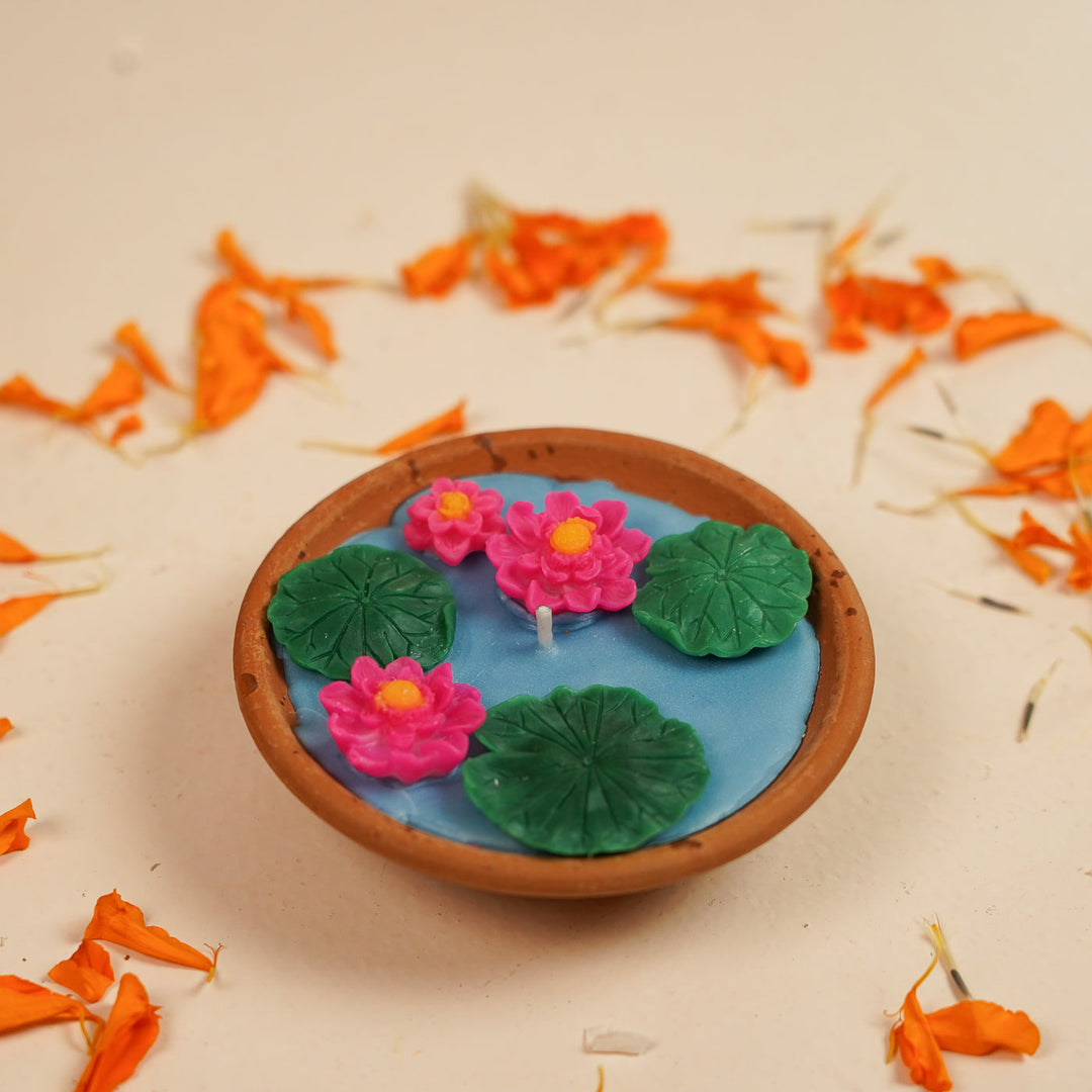 4 Pc | Handmade Lotus Pond Theme Soy Wax Terracotta Urli Diya