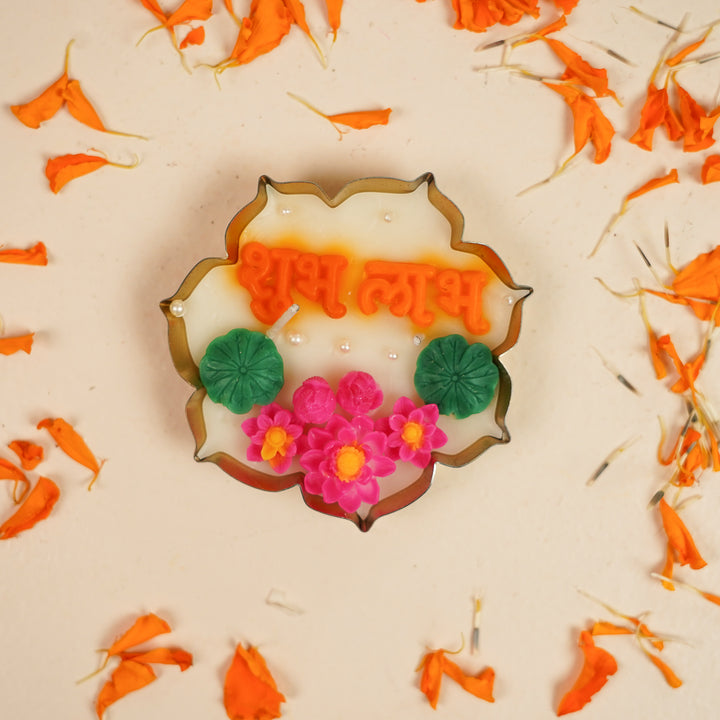 Handmade Floral Shubh Labh Soy Wax Metal Urli Diya