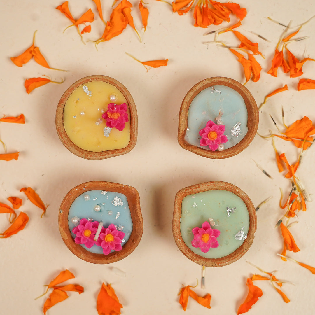 Handmade Multicolor Floral Soy Wax Terracotta Diyas | Set Of 4