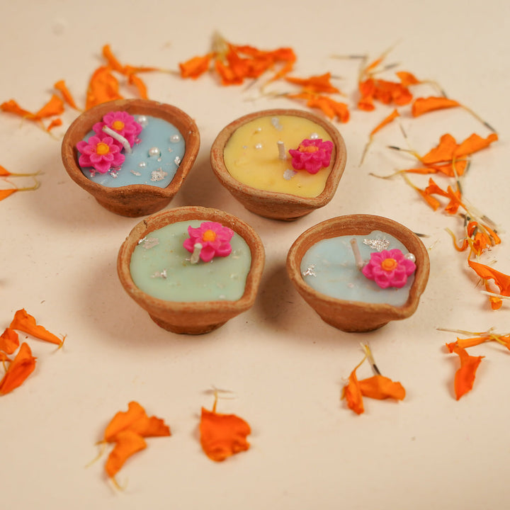 20 Pc | Handmade Multicolor Floral Soy Wax Terracotta Diyas