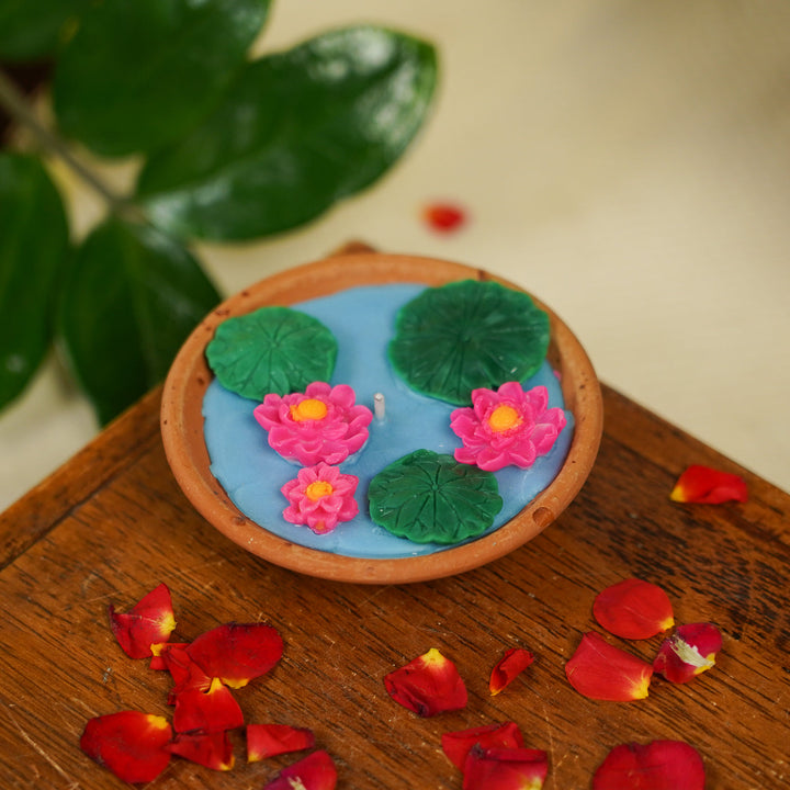 4 Pc | Handmade Lotus Pond Theme Soy Wax Terracotta Urli Diya
