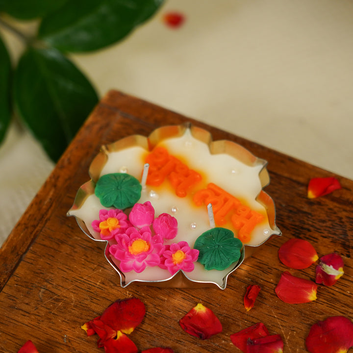 Handmade Floral Shubh Labh Soy Wax Metal Urli Diya