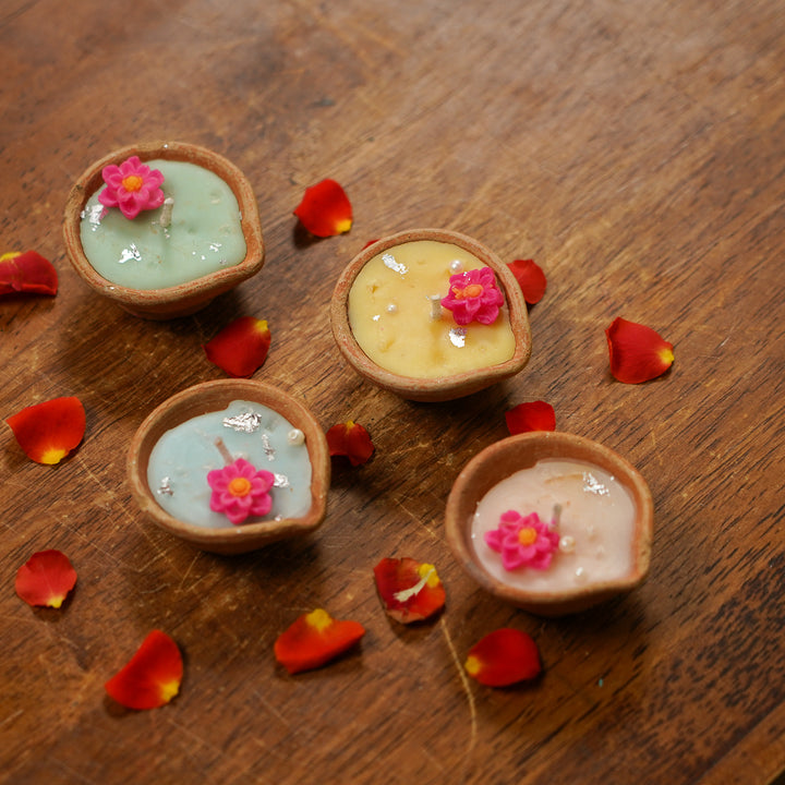 Handmade Multicolor Floral Soy Wax Terracotta Diyas | Set Of 4