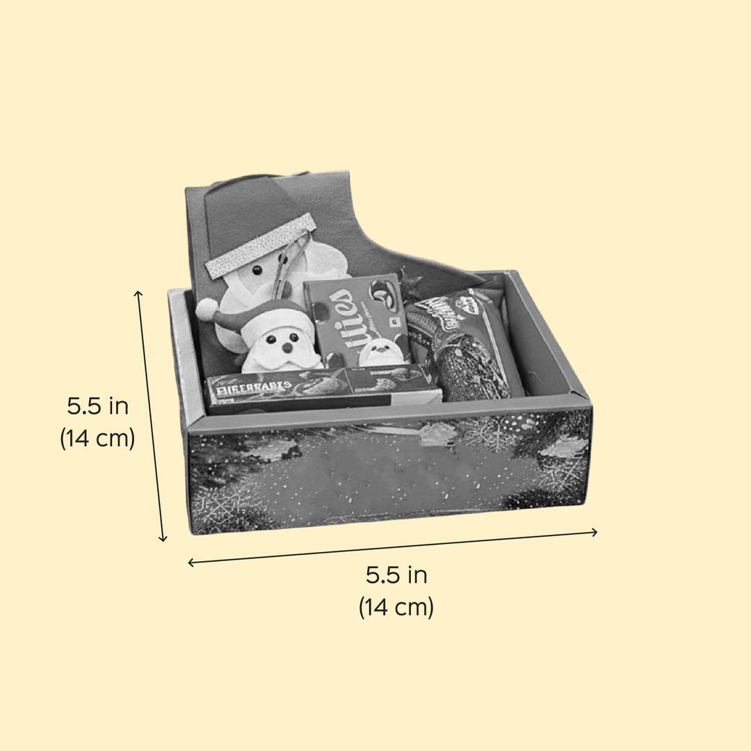 Personalized Christmas Gift Hamper | Includes 1 Ornament, 1 Stocking, 1 Snowman Candle, 1 Brownie Cake, 1 Cadbury Chocobakes, 1 Nutties Pack