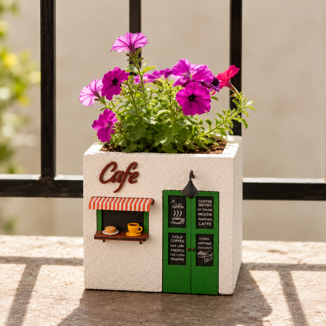Handmade Café Themed White & Green Concrete Planter With Drainage Hole For Home Decor