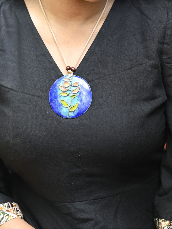 Copper Enamel Pendant - Circle - Blue & Orange Tree