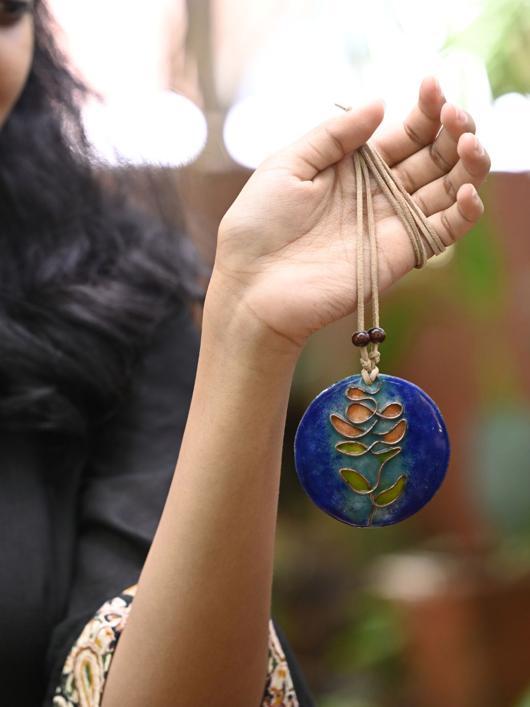 Copper Enamel Pendant - Circle - Blue & Orange Tree
