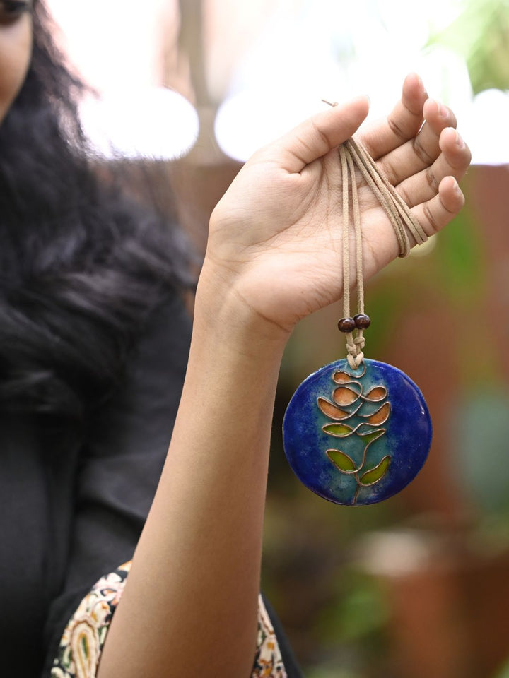 Copper Enamel Pendant - Circle - Blue & Orange Tree