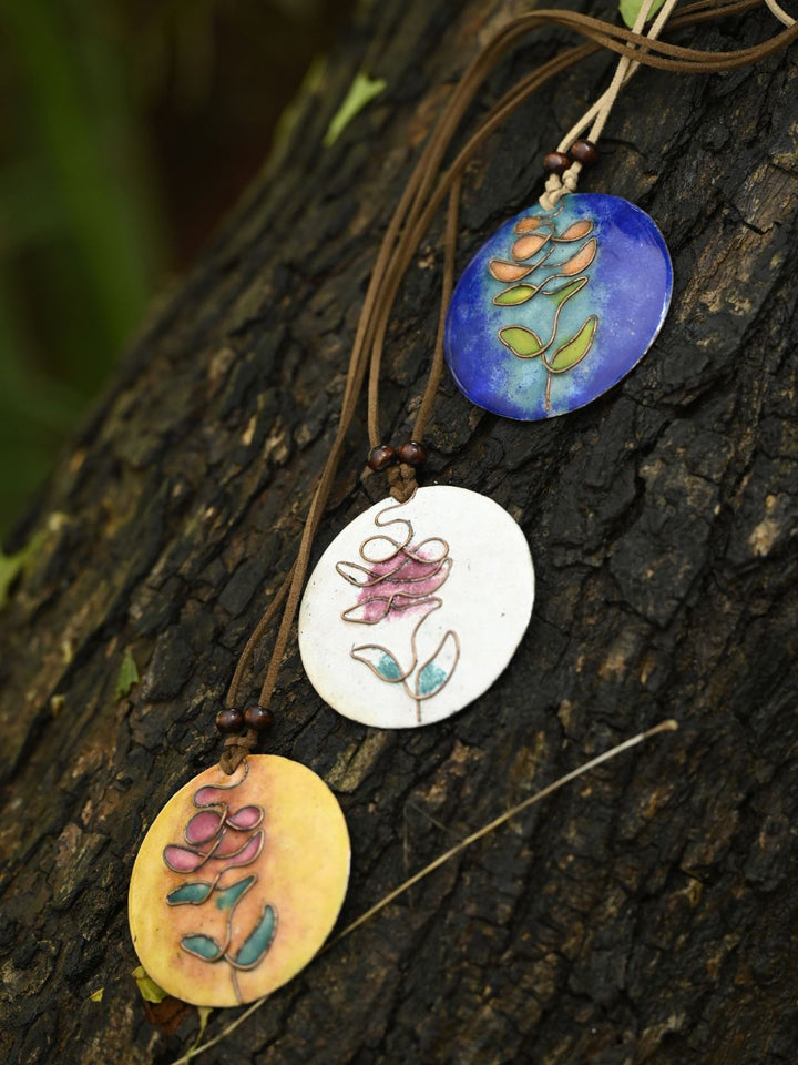 Copper Enamel Pendant - Circle - Blue & Orange Tree
