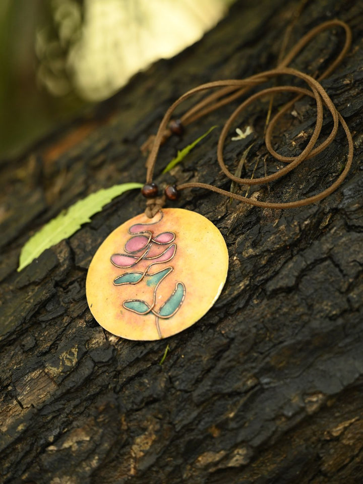 Copper Enamel Pendant - Circle - Yellow Tree