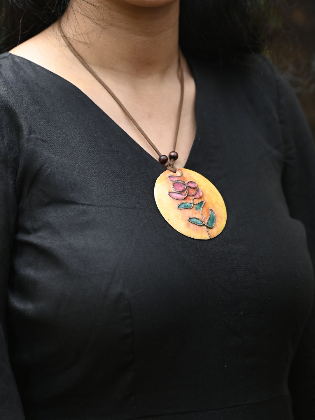Copper Enamel Pendant - Circle - Yellow Tree