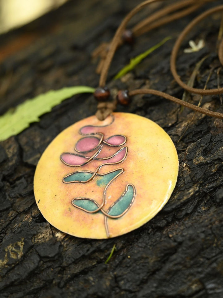 Copper Enamel Pendant - Circle - Yellow Tree