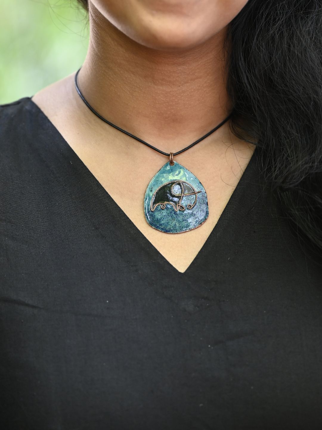 Copper Enamel Pendant - Blue - Elephant