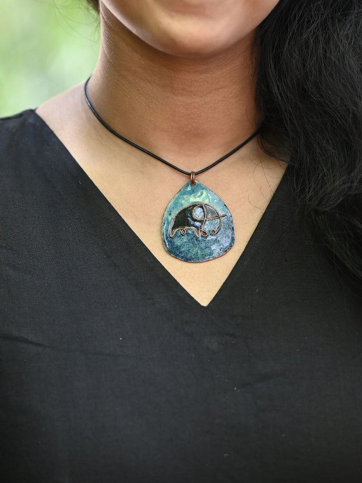 Copper Enamel Pendant - Blue - Elephant