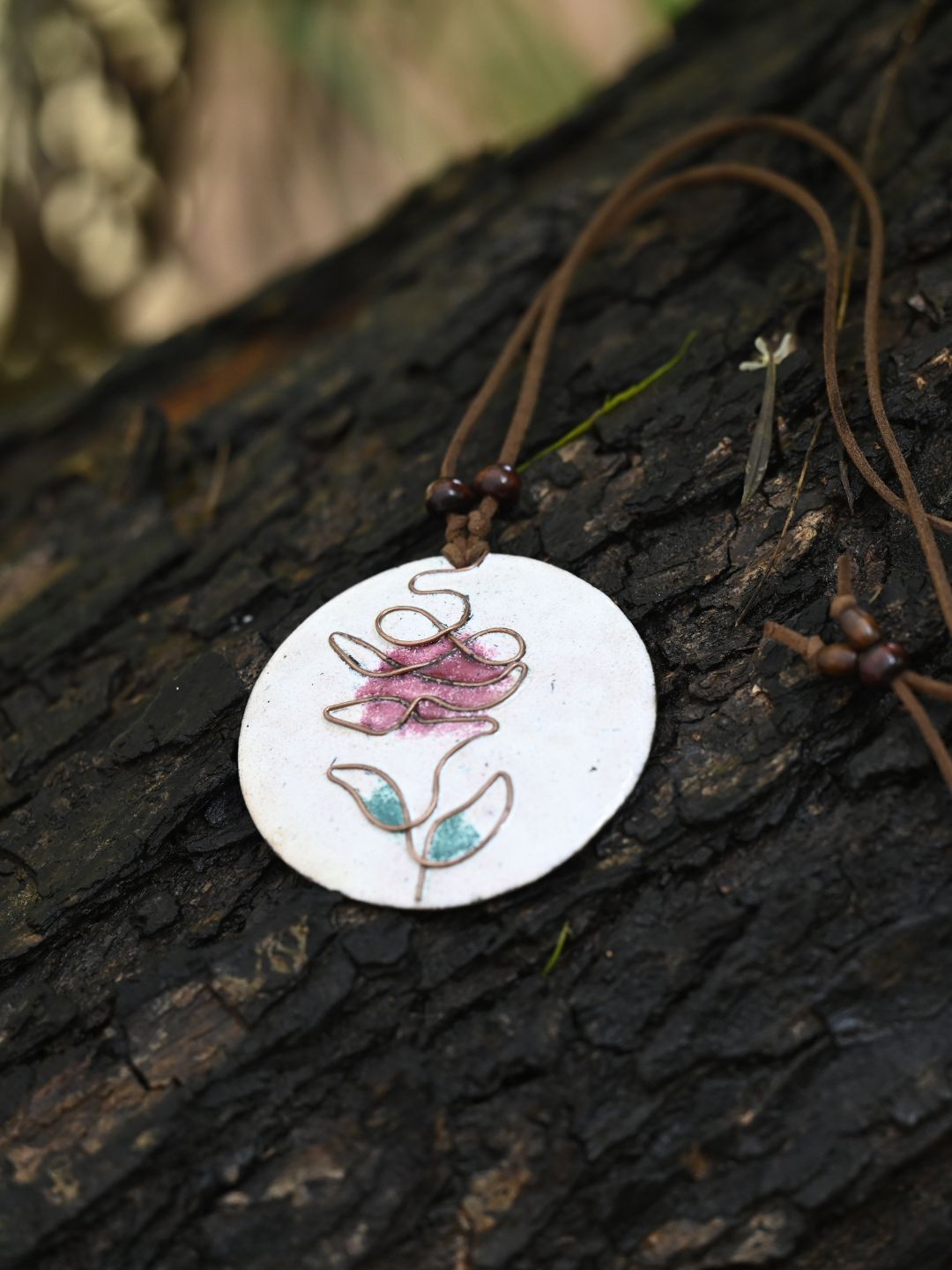 Copper Enamel Pendant - Circle - White Rose