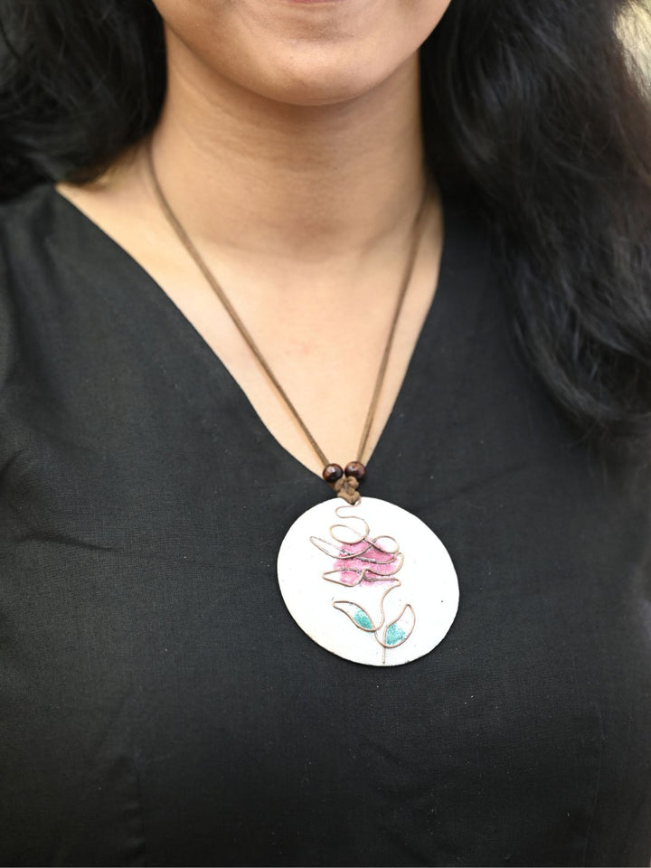 Copper Enamel Pendant - Circle - White Rose