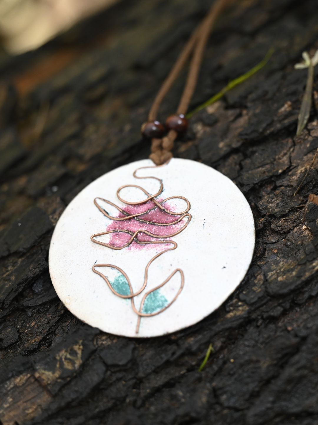 Copper Enamel Pendant - Circle - White Rose