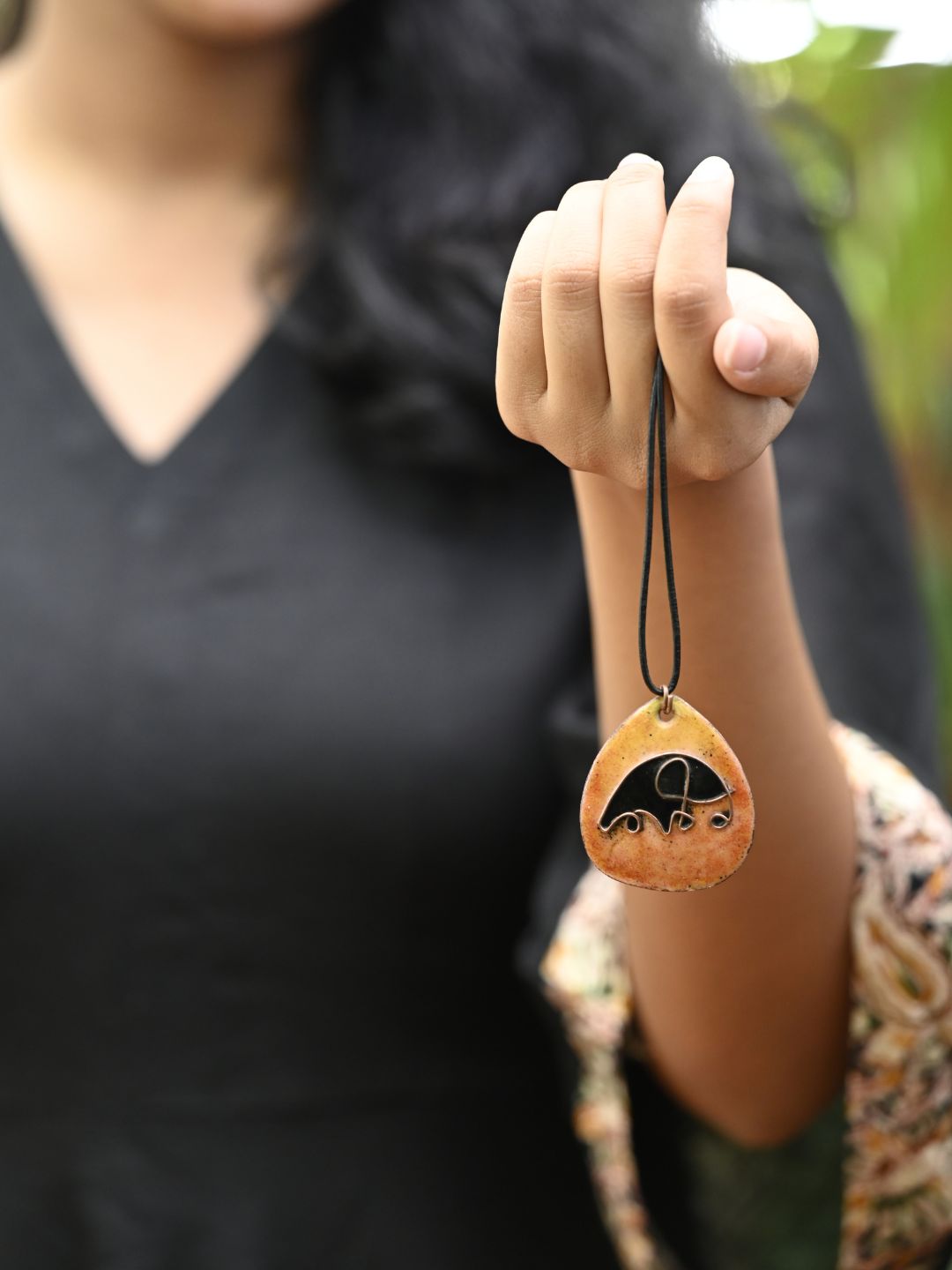 Copper Enamel Pendant - Elephant - Orange