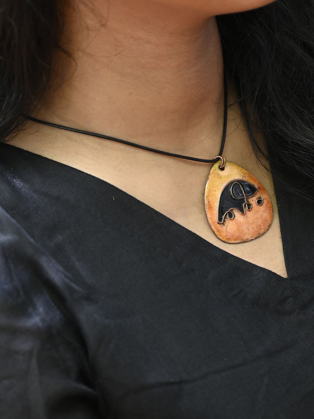 Copper Enamel Pendant - Elephant - Orange