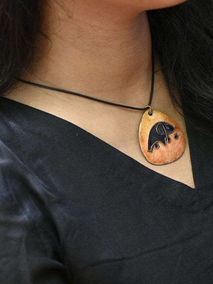 Copper Enamel Pendant - Elephant - Orange