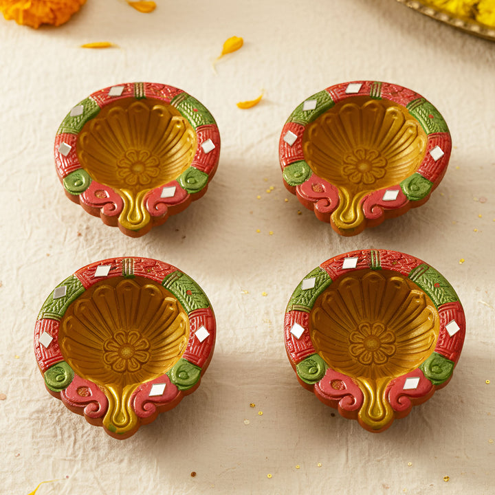 Hand-painted Mirror Work Terracotta Oil Lamp / Diya | Set Of 4