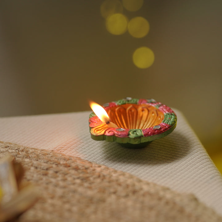 Hand-painted Mirror Work Terracotta Oil Lamp / Diya | Set Of 4