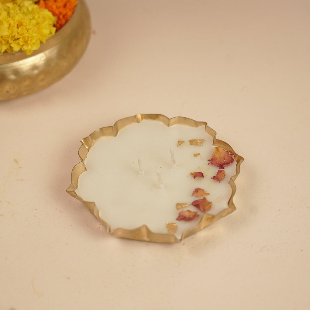 5 Inch | Handmade Floral Soy Wax Brass Urli Diya
