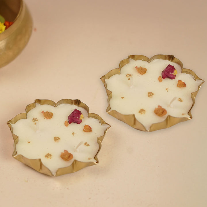 4 Inch | Handmade Floral Soy Wax Brass Urli Diya | Set Of 2