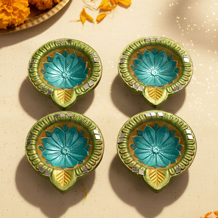 Hand-painted Mirror Work Terracotta Oil Lamp / Diya | Set Of 4