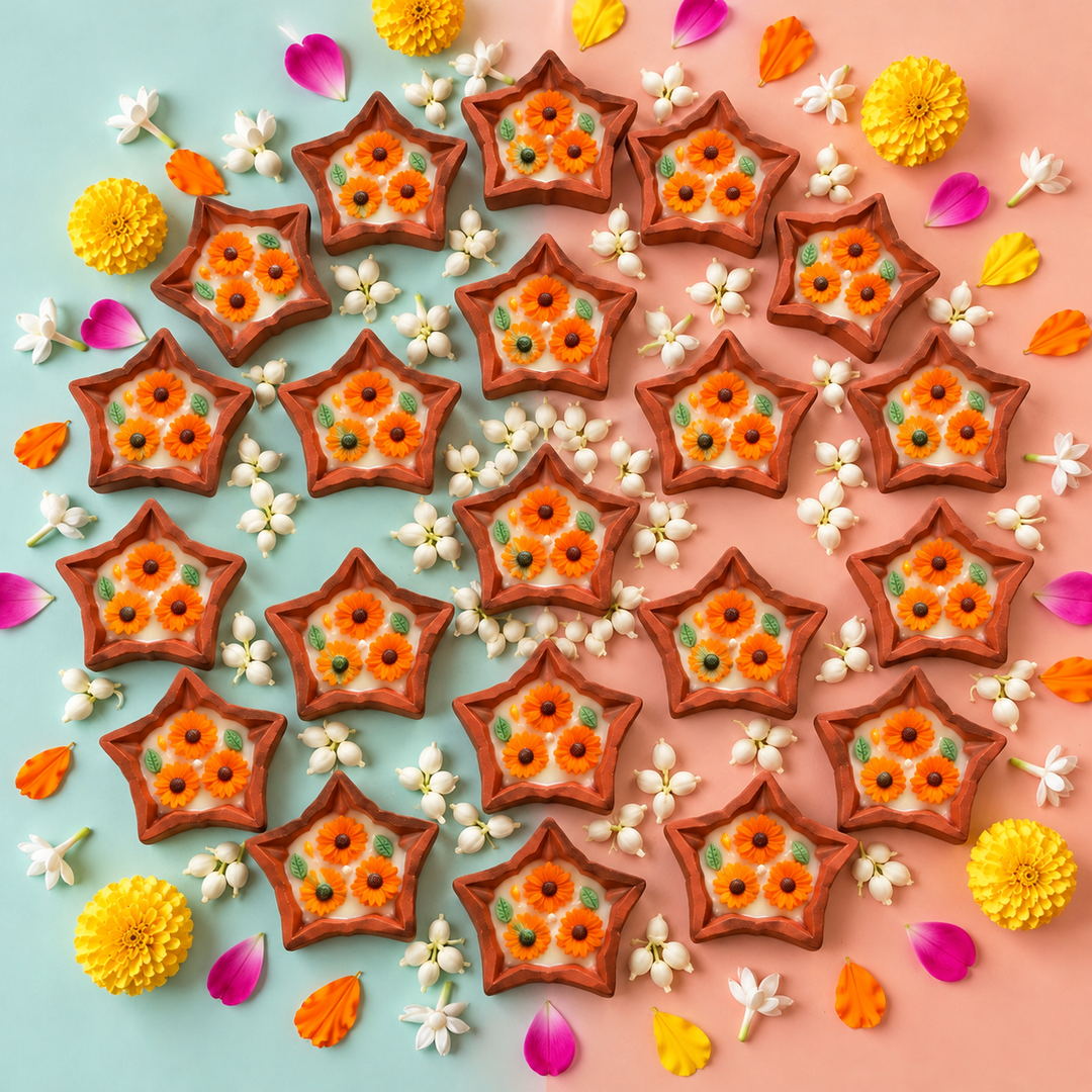 XL Set | Handmade Orange Floral Diya Shaped Terracotta Candles For Rangoli