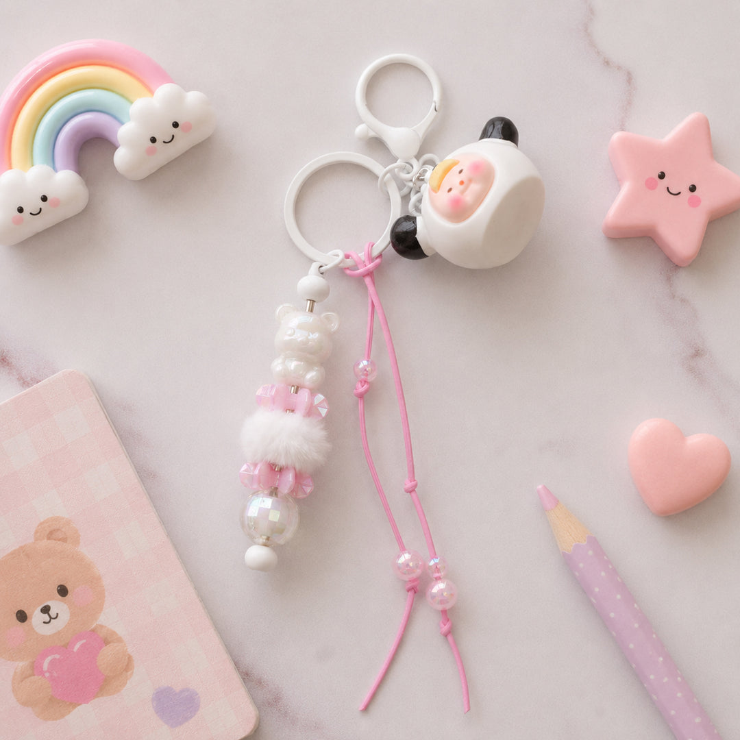 Panda Character Bead & Fluffy Pom Pom Bag Charm With Keyring
