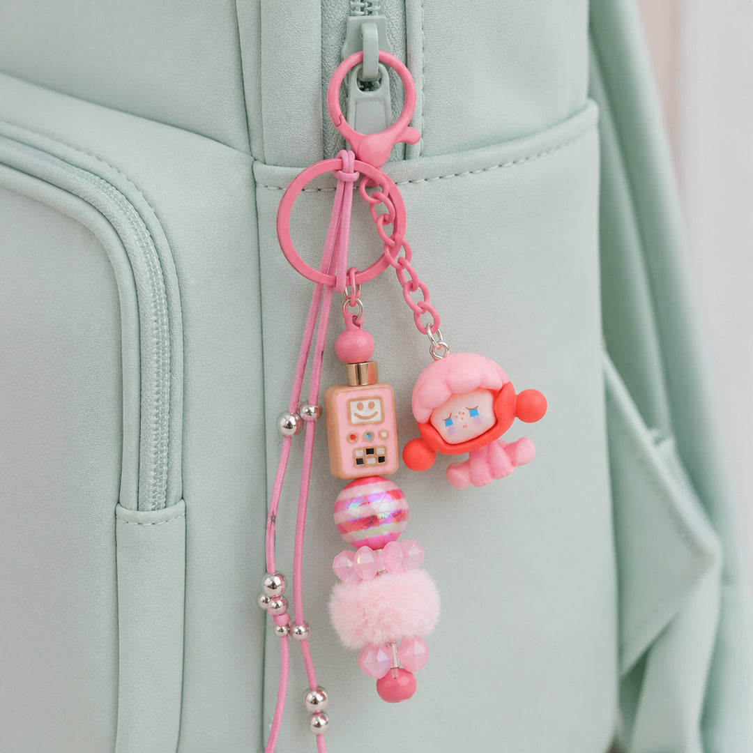 Pink Robot Bead & Character Bag Charm With Keyring
