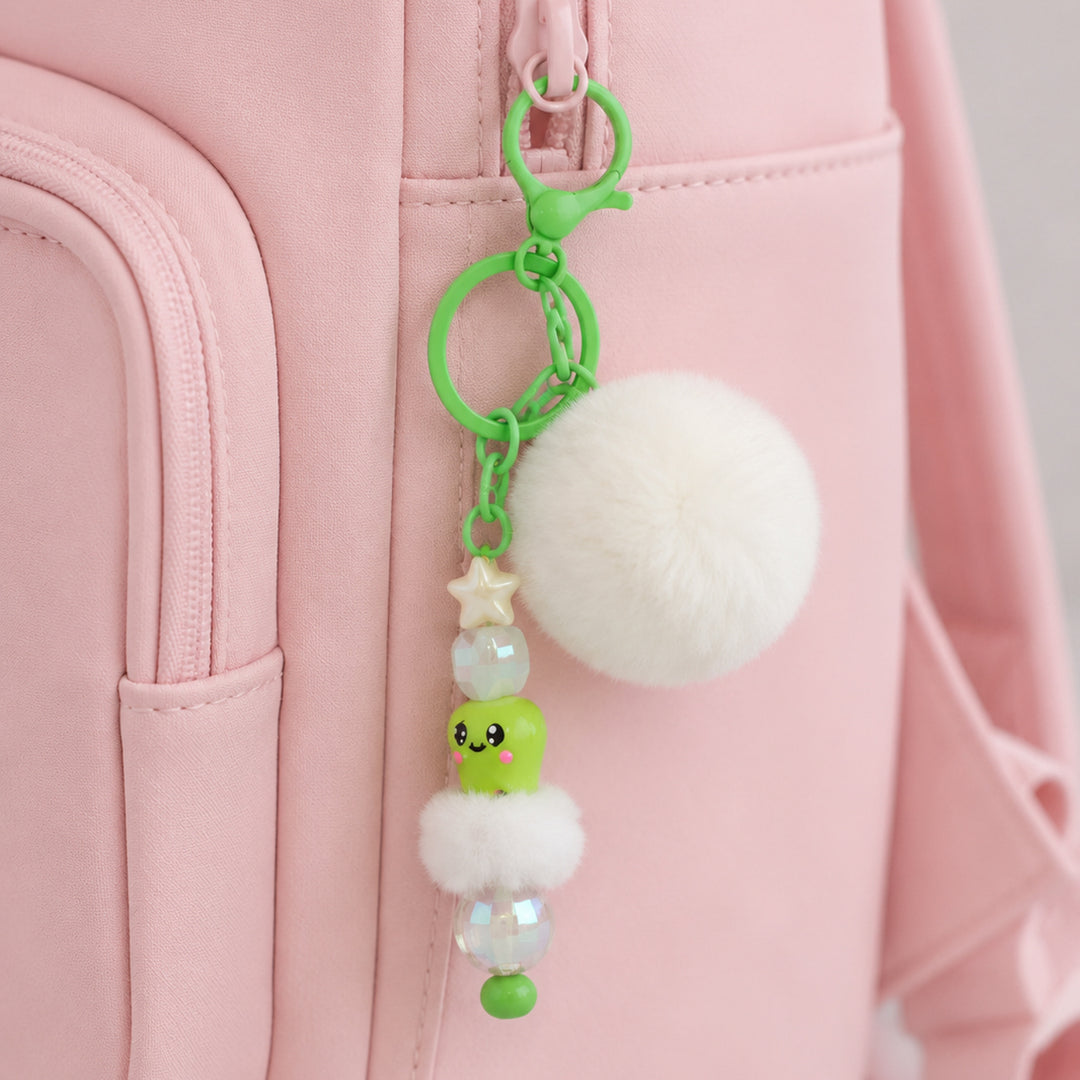 Mint Green Character Bead & Fluffy Pom Pom Bag Charm With Keyring