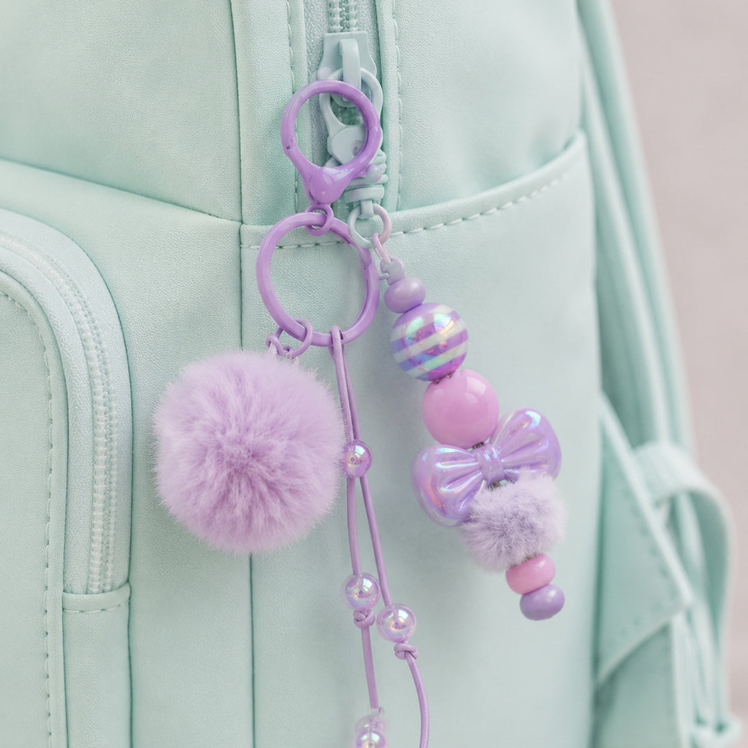 Lavender Bow Bead & Fluffy Pom Pom Bag Charm With Keyring