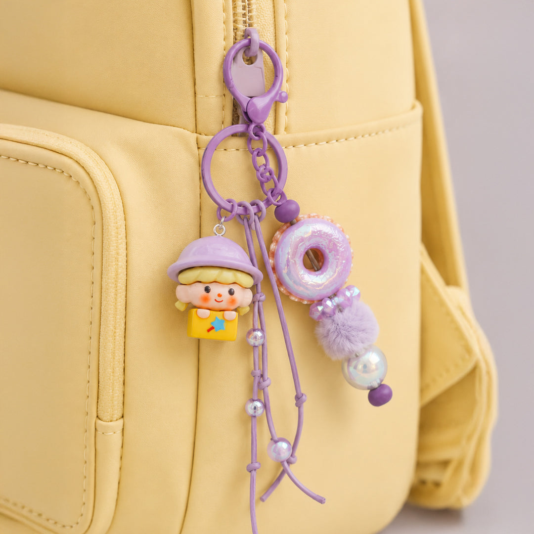 Lavender Mushroom Fairy Bead & Pom Pom Bag Charm With Keyring