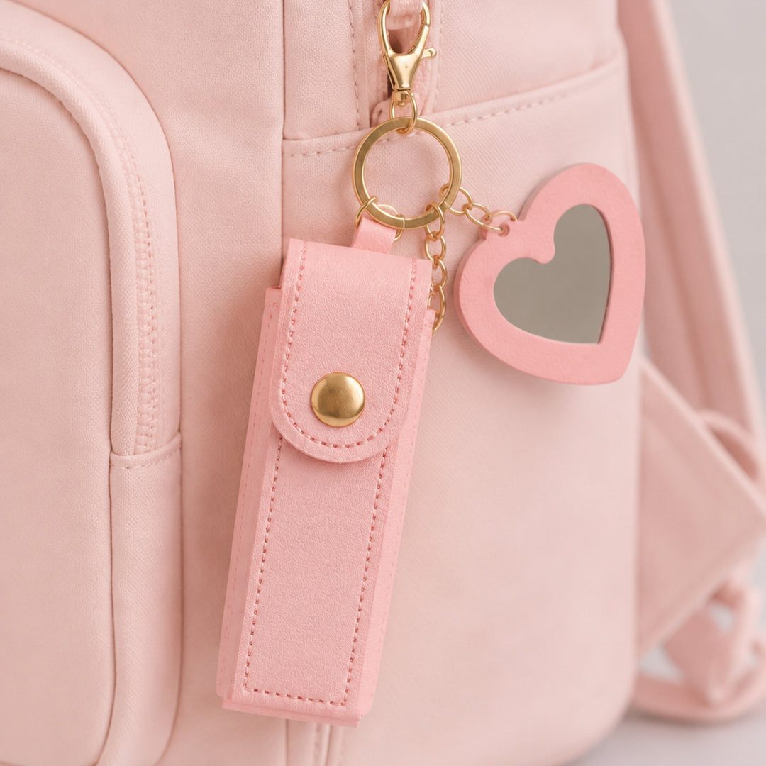 Pink Faux Leather Lipstick Holder Bag Charm With Keyring