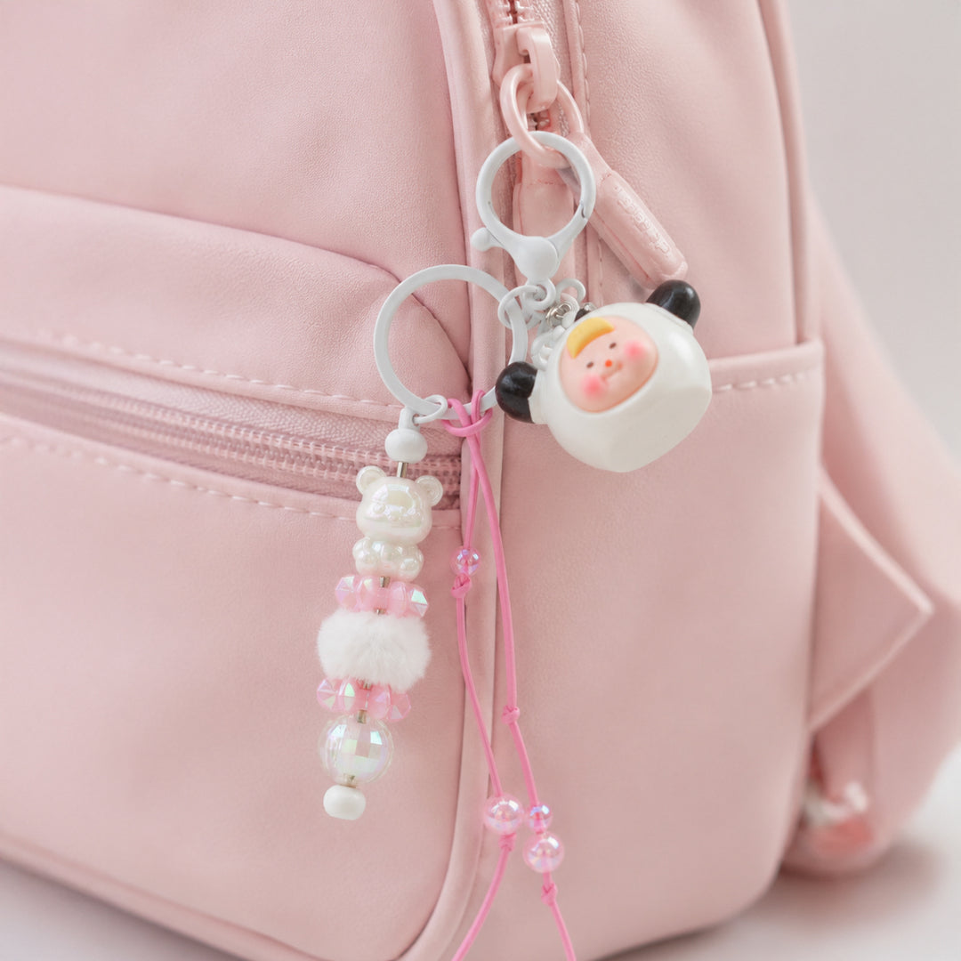 Panda Character Bead & Fluffy Pom Pom Bag Charm With Keyring