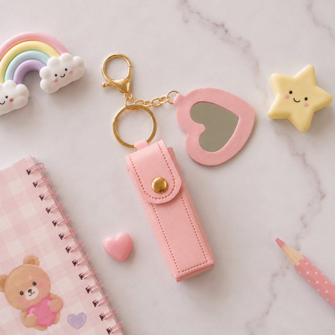 Pink Faux Leather Lipstick Holder Bag Charm With Keyring