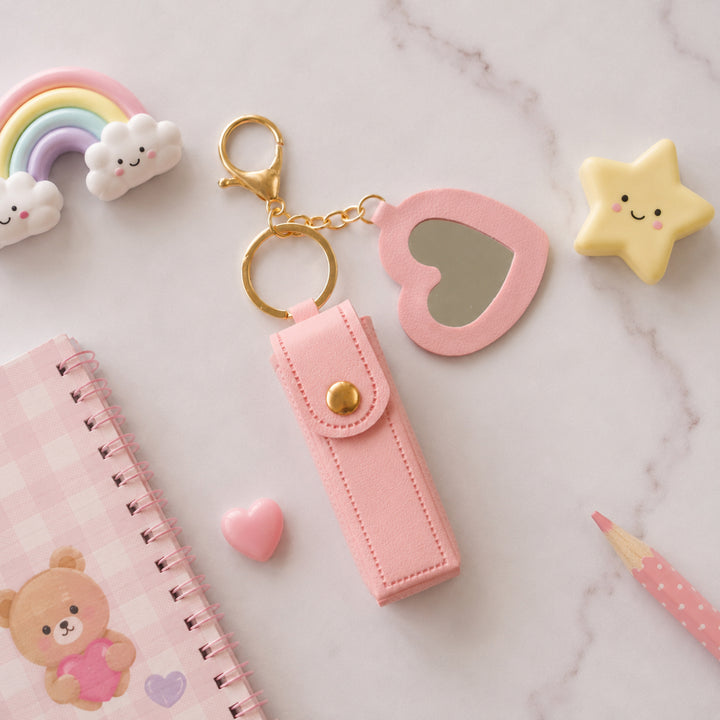 Pink Faux Leather Lipstick Holder Bag Charm With Keyring