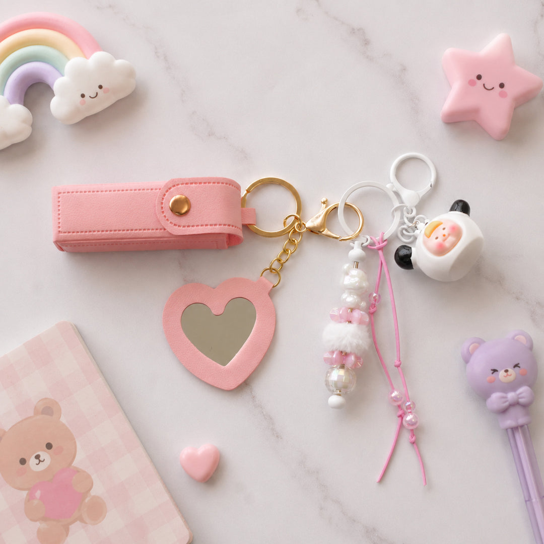 Pink Faux Leather Lipstick Holder Bag Charm With Keyring