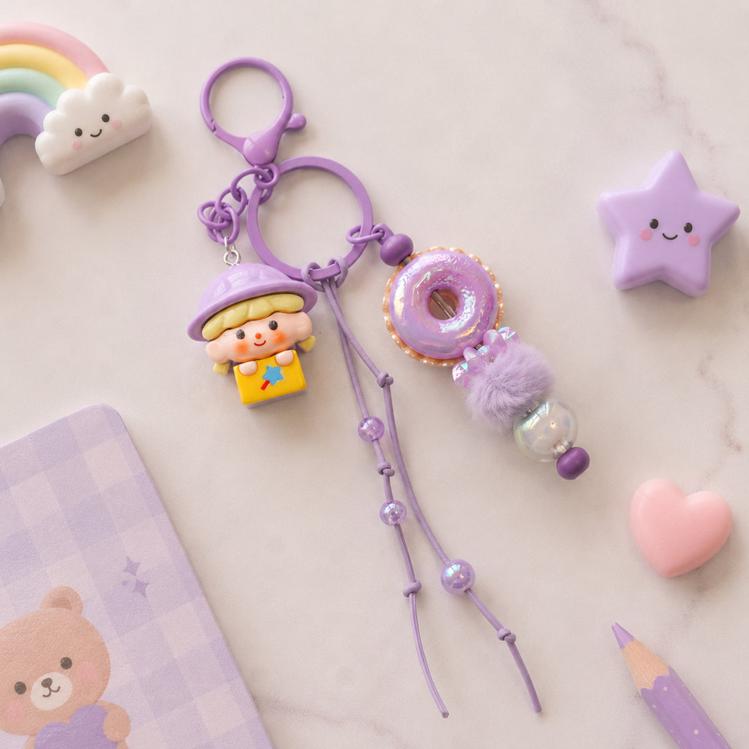 Lavender Mushroom Fairy Bead & Pom Pom Bag Charm With Keyring