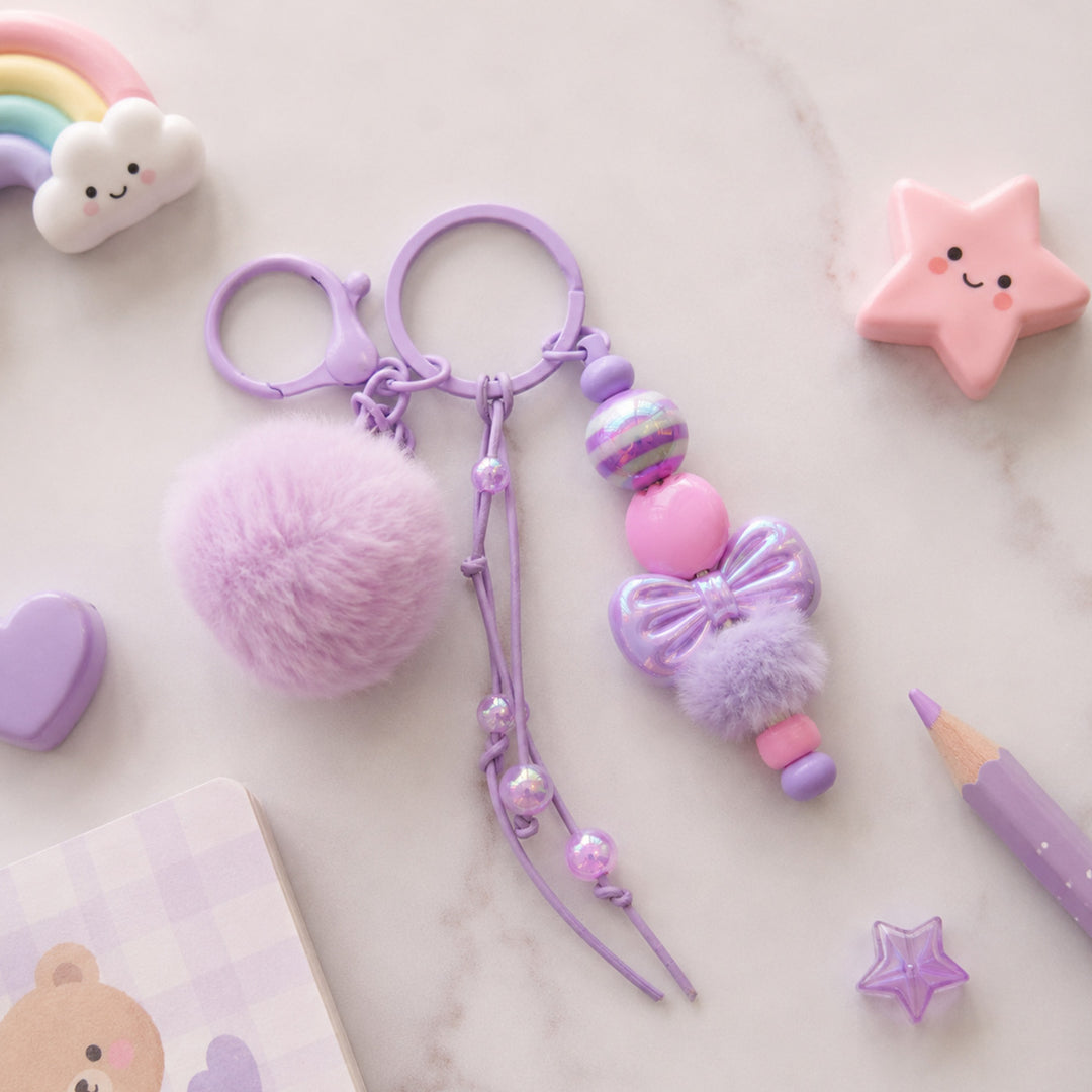 Lavender Bow Bead & Fluffy Pom Pom Bag Charm With Keyring