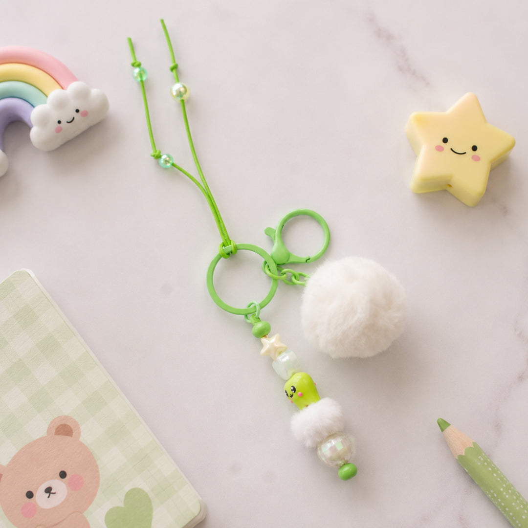 Mint Green Character Bead & Fluffy Pom Pom Bag Charm With Keyring