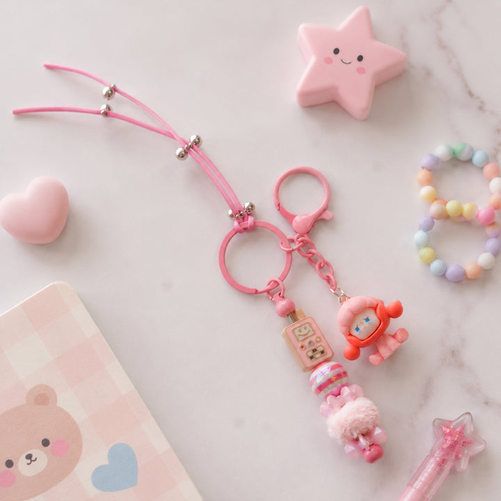 Pink Robot Bead & Character Bag Charm With Keyring