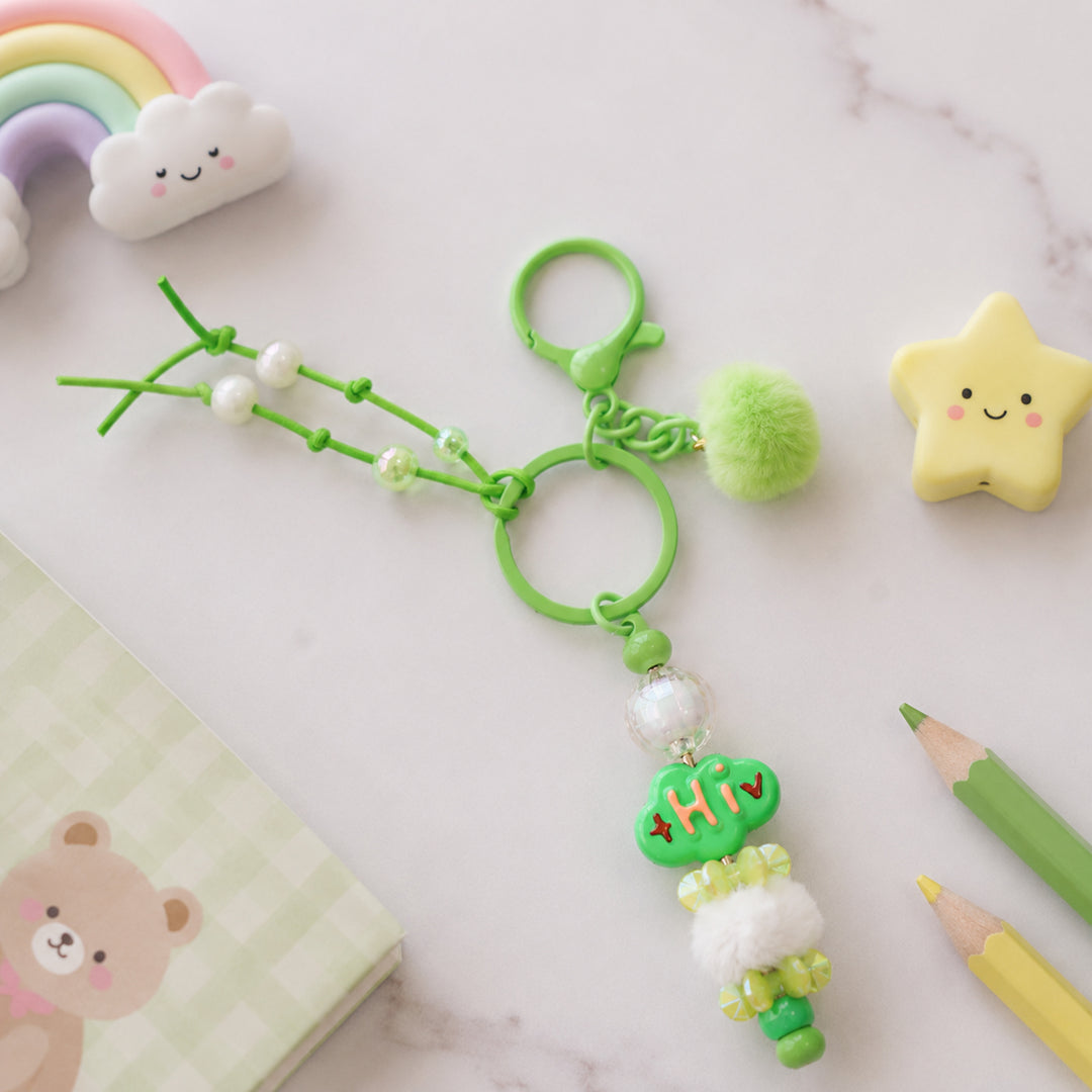 Green Cloud Bead & Fluffy Pom Pom Bag Charm With Keyring