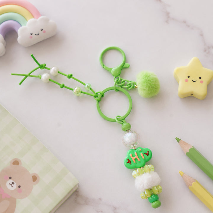 Green Cloud Bead & Fluffy Pom Pom Bag Charm With Keyring
