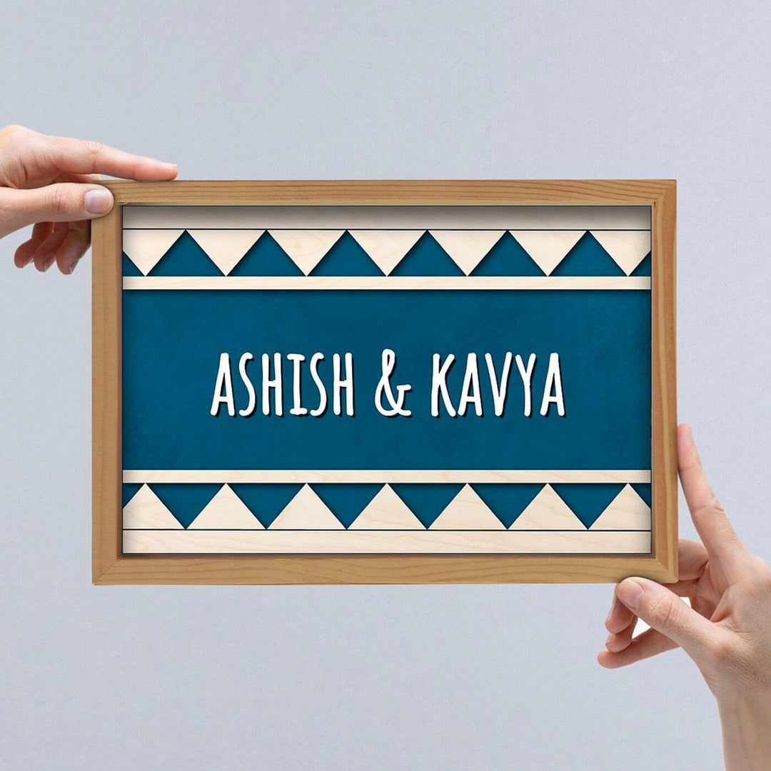 Wooden Personalized Framed Name Plate For Couples 1 - Name Personalization Example Held by Hands