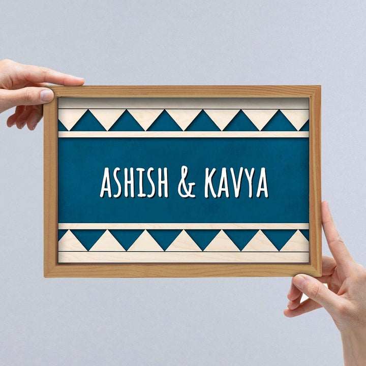 Wooden Personalized Framed Name Plate For Couples 1 - Name Personalization Example Held by Hands