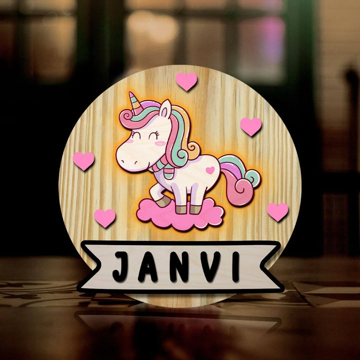 Kids Circular 3D Unicorn Themed Nameplate with Lights