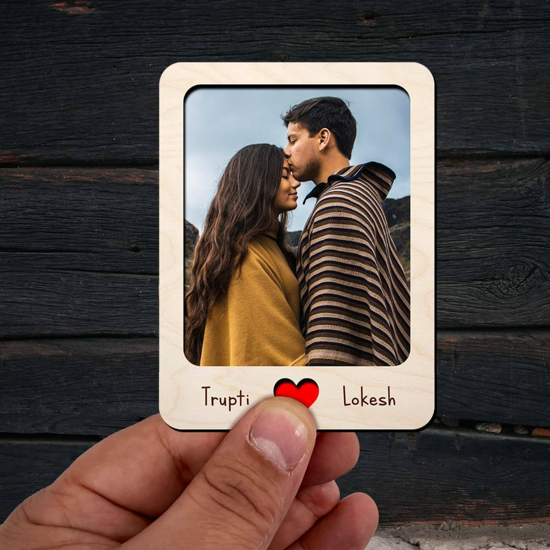 Wooden Personalized Couple Fridge Magnet With Photo Frame - Zwende